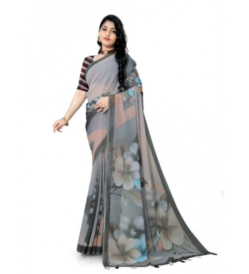 Women's Georgette Floral Printed Saree With Unstitched Blouse 5.5Mtr (Grey)