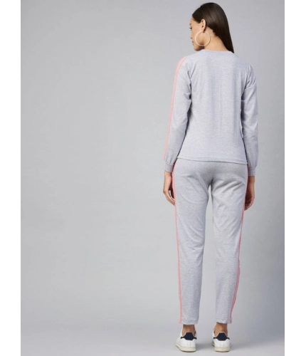 Women's Cotton Solid Long Sleeves Tracksuit (Light Grey - Pink)