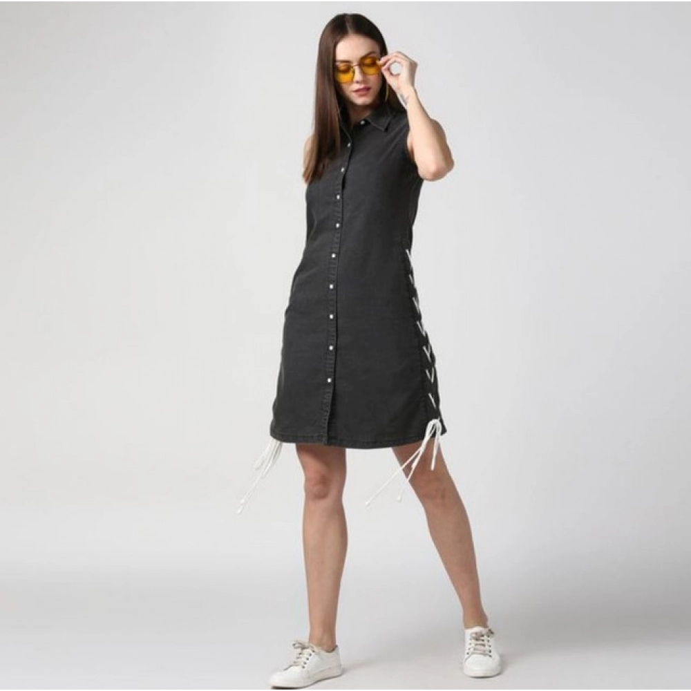 Women's Denim Solid Sleeveless Dress (Black) Women's Denim Solid Sleeveless Dress (Black)