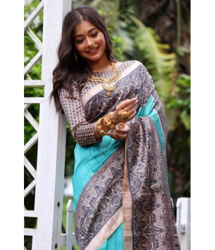 Women's Faux_Tussar Ethnic_Print Saree With Unstitched Blouse 5.5Mtr (Aqua_Blue)