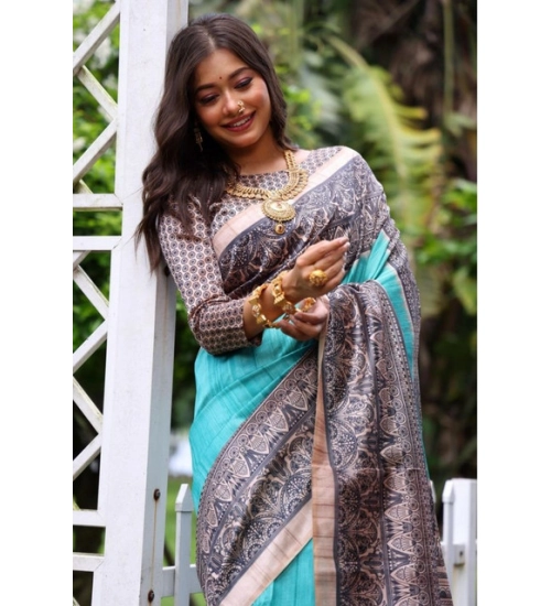 Women's Faux_Tussar Ethnic_Print Saree With Unstitched Blouse 5.5Mtr (Aqua_Blue)