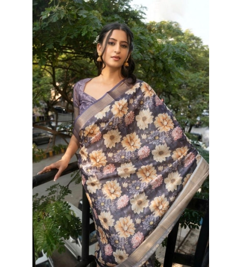 Women's Polyester Printed Saree With Unstitched Blouse 5.5 Mtr (Purple)