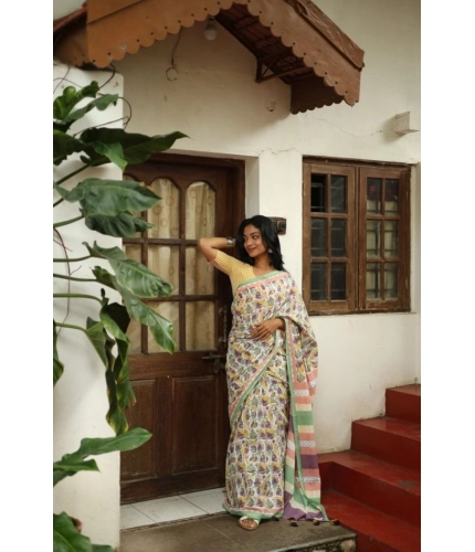 Women's Linen Printed Saree With Unstitched Blouse 5.5Mtr (Multicolor)