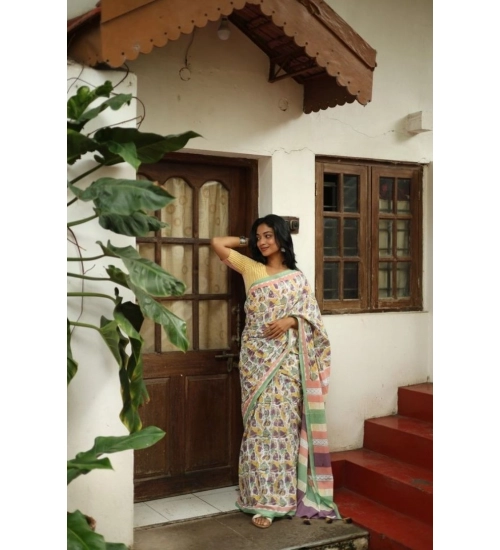 Women's Linen Printed Saree With Unstitched Blouse 5.5Mtr (Multicolor)