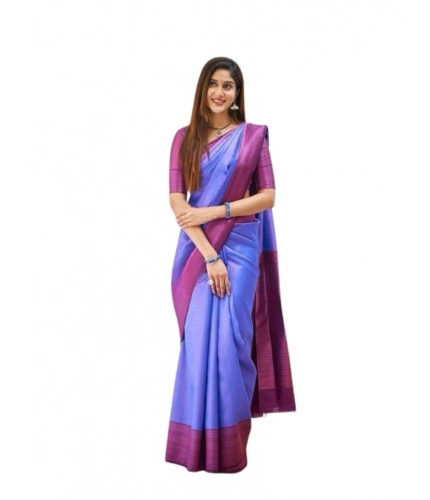 Women's Soft Lichi Silk Printed Saree With Unstitched Blouse 5.5Mtr (Blue)