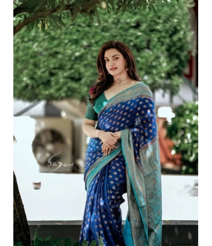 Women's Litchi silk Printed Saree With Unstitched Blouse (Navy Blue)