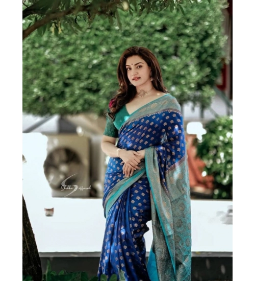 Women's Litchi silk Printed Saree With Unstitched Blouse (Navy Blue)