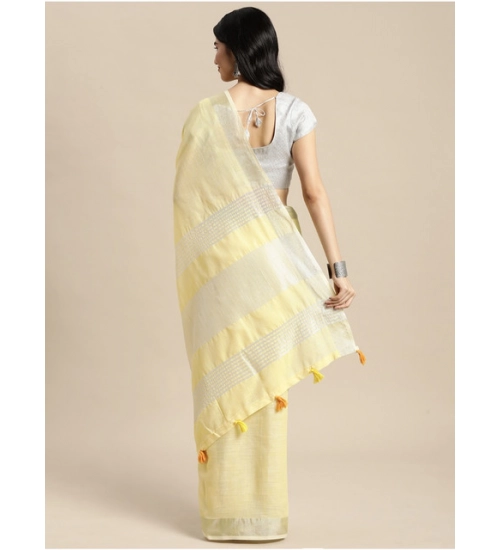 Women's Linen Cotton Printed Saree With Unstitched Blouse 5.5Mtr (Yellow)