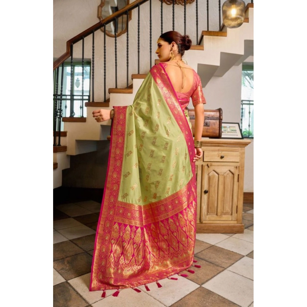 Women's Silk Blend Booti Work Ready to wear Saree With Unstitched Blouse 5.5Mtr (Green)