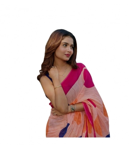 Women's Linen Printed Saree With Unstitched Blouse 5.5Mtr (Orange)