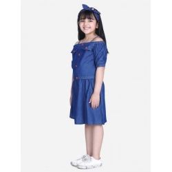 Girl's Denim Solid Cold Shoulder Top and Skirt Set (Navy Blue)