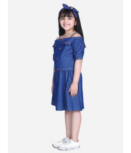 Girl's Denim Solid Cold Shoulder Top and Skirt Set (Navy Blue)