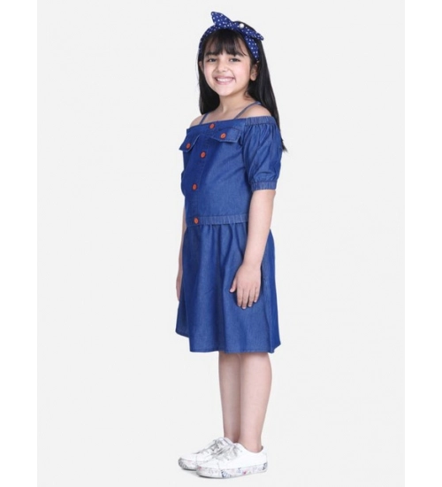 Girl's Denim Solid Cold Shoulder Top and Skirt Set (Navy Blue)