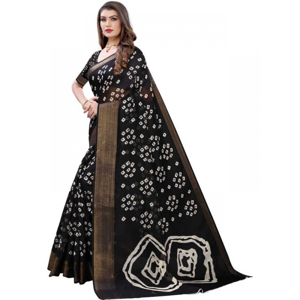 Women's Cotton Silk Bandhni Saree With Unstitched Blouse 5.5Mtr (Black)
