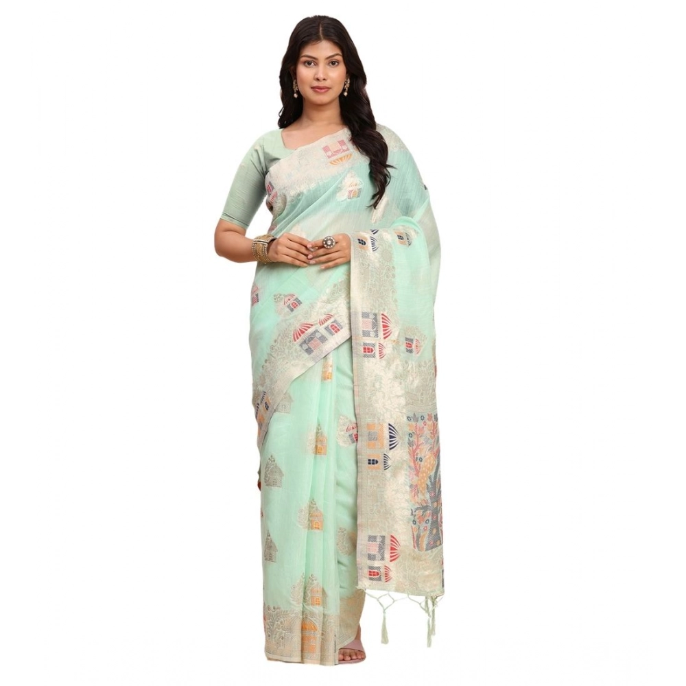 Women's Linen Cotton Printed Saree With Unstitched Blouse 5.5Mtr (Sea Green) Women's Linen Cotton Printed Saree With Unstitched Blouse 5.5Mtr (Sea Green)