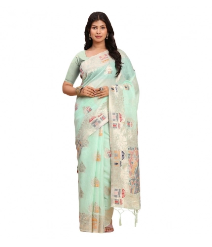 Women's Linen Cotton Printed Saree With Unstitched Blouse 5.5Mtr (Sea Green)