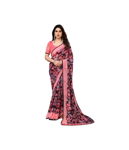 Women's Chiffon Printed Saree With Unstitched Blouse 5.5Mtr (Pink)