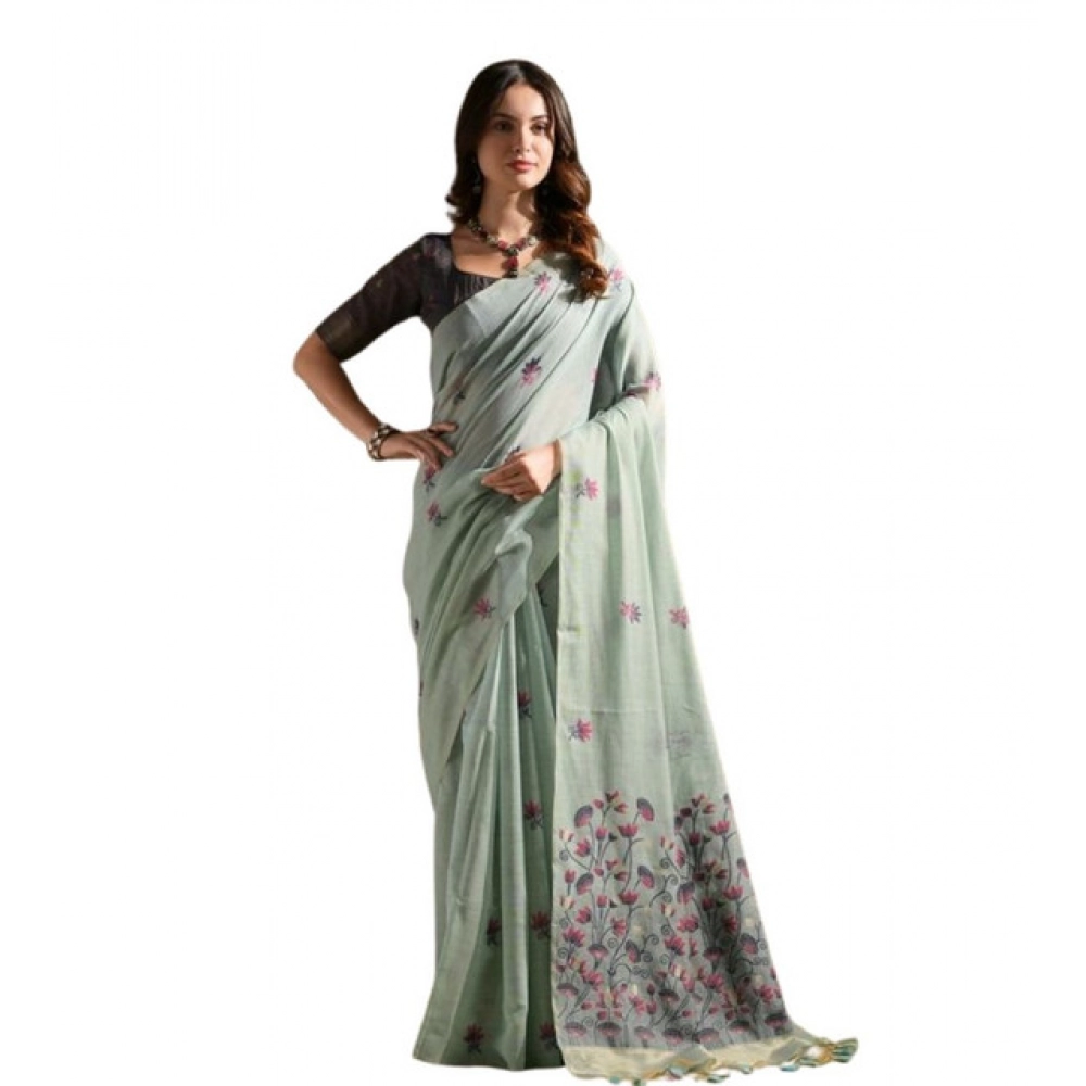 Women's Blended_Cotton Floral Saree With Unstitched Blouse 5.5Mtr (Aqua_Blue) Women's Blended_Cotton Floral Saree With Unstitched Blouse 5.5Mtr (Aqua_Blue)