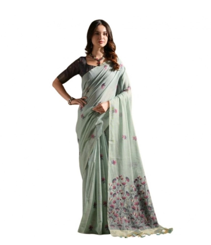 Women's Blended_Cotton Floral Saree With Unstitched Blouse 5.5Mtr (Aqua_Blue) Women's Blended_Cotton Floral Saree With Unstitched Blouse 5.5Mtr (Aqua_Blue)