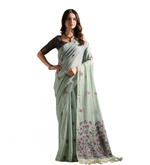 Women's Blended_Cotton Floral Saree With Unstitched Blouse 5.5Mtr (Aqua_Blue)