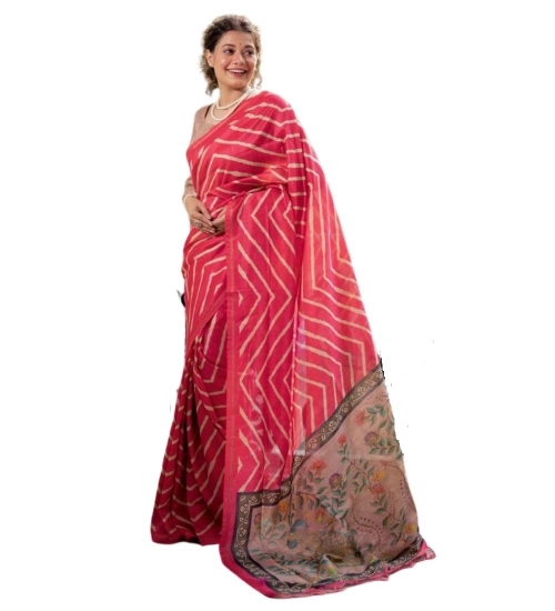 Women's Faux_Tussar_Silk Geometric_Print Saree With Unstitched Blouse 5.5Mtr (Pink)