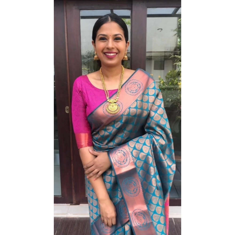 Women's Litchi silk Printed Saree With Unstitched Blouse (Blue) Women's Litchi silk Printed Saree With Unstitched Blouse (Blue)