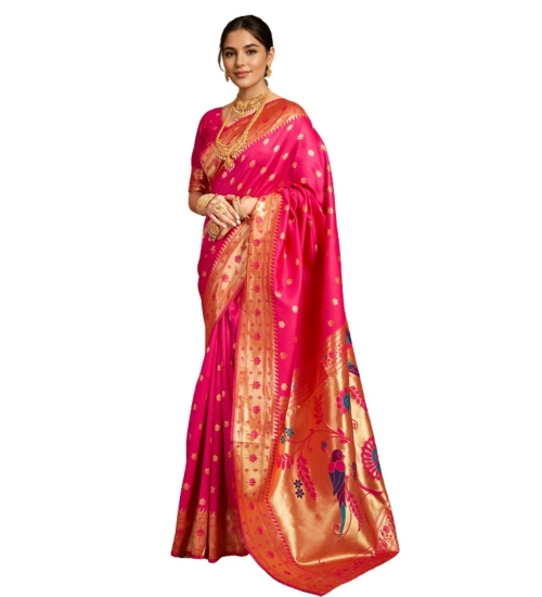 Women's Silk Blend Woven Saree With Unstitched Blouse 5.5Mtr (Pink)