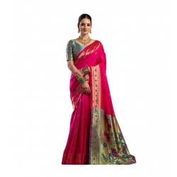 Women's Silk Blend Woven Saree With Unstitched Blouse 5.5 Mtr (Pink)