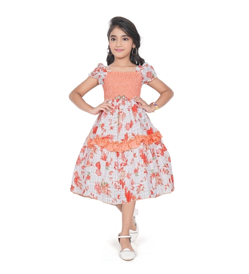 Girl's Twill Printed Short Sleeve Squre Neck Dress (Red)