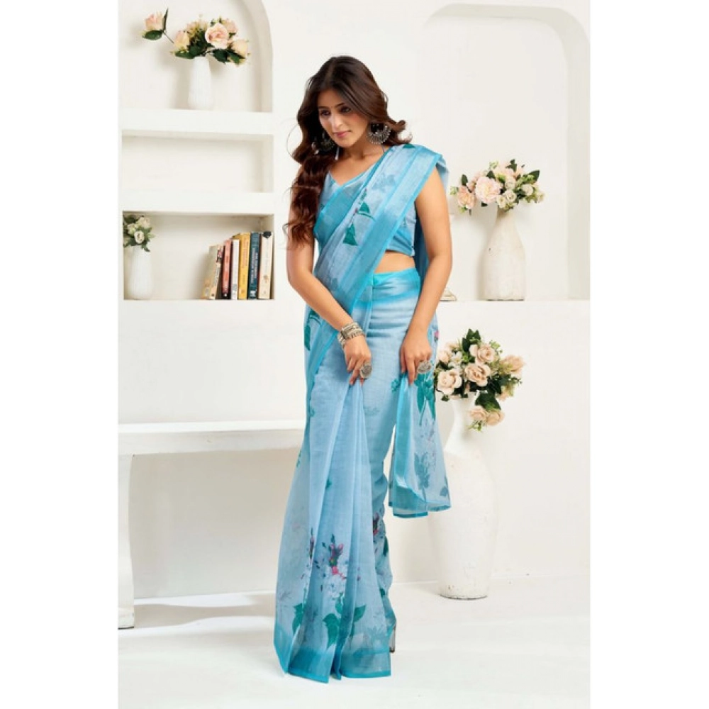 Women's Linen Cotton Printed Ready To Wear Saree With Unstitched Blouse 5.5 Mtr (Sky_Blue) Women's Linen Cotton Printed Ready To Wear Saree With Unstitched Blouse 5.5 Mtr (Sky_Blue)