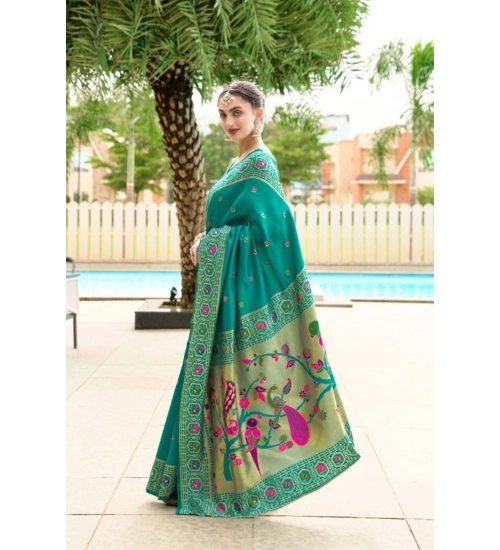 Women's Silk Blend Paithani Weaving Saree With Unstitched Blouse 5.5Mtr (Green)