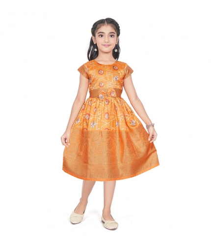 Girl's Brocket Silk Printed Short Sleeve Round Neck Dress (Orange)