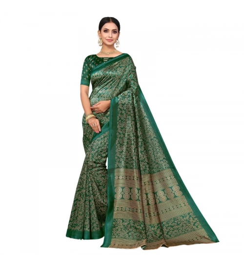 Women's Litchi silk Printed Saree With Unstitched Blouse  5-6 Mtrs (Green)