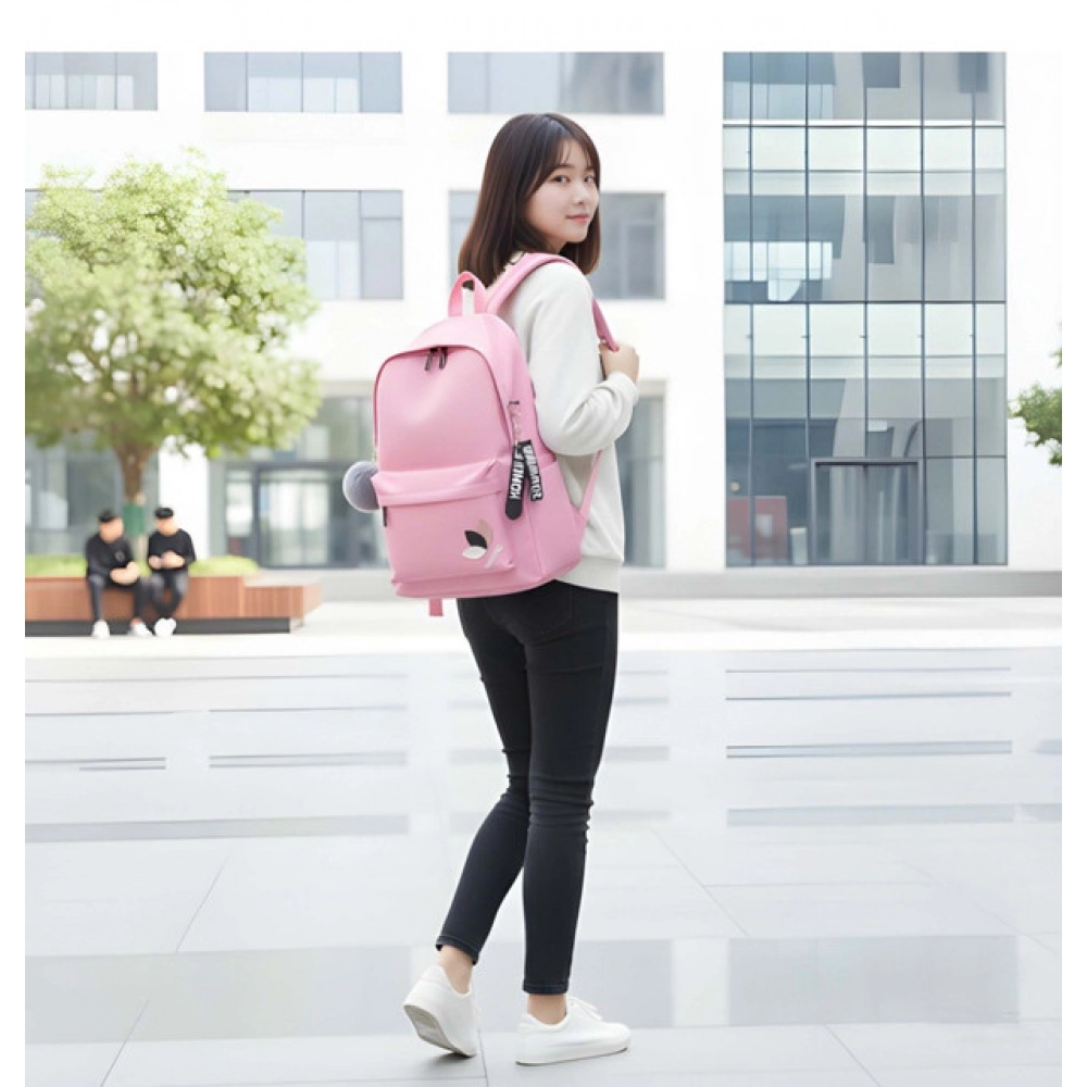 Unisex PU Leather Solid Medium Zipper Backpack (Pink)