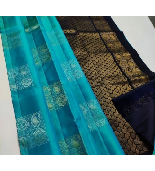 Women's Litchi silk Printed Saree With Unstitched Blouse (Light Blue With Black)