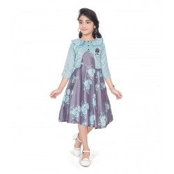 Girl's Satin Printed Sleeve Less Round Neck Dress (Sea Green)