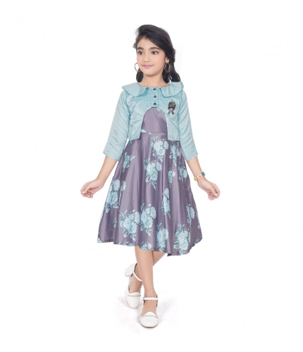 Girl's Satin Printed Sleeve Less Round Neck Dress (Sea Green)