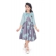 Girl's Satin Printed Sleeve Less Round Neck Dress (Sea Green)