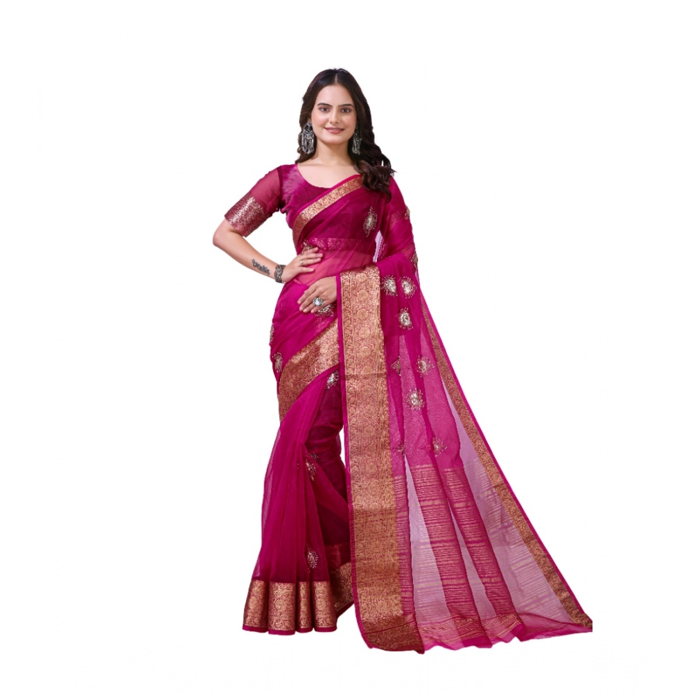 Women's Organza jacquard Embellished Saree With Unstitched Blouse 5.5Mtr (Pink) Women's Organza jacquard Embellished Saree With Unstitched Blouse 5.5Mtr (Pink)