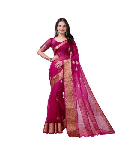 Women's Organza jacquard Embellished Saree With Unstitched Blouse 5.5Mtr (Pink)