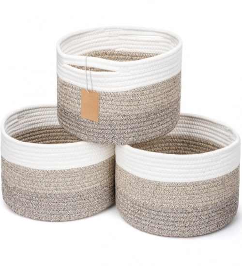 Cotton Kidi 9x7 Inch Pack of 3 Storage Basket For Clothes (Kidi White)