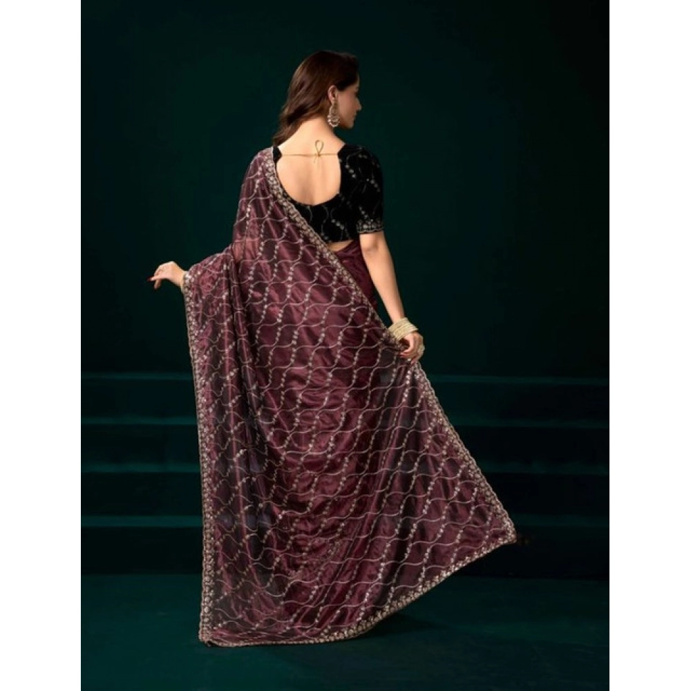 Women's Net Sequence Saree With Unstitched Blouse 5.5Mtr (Maroon)