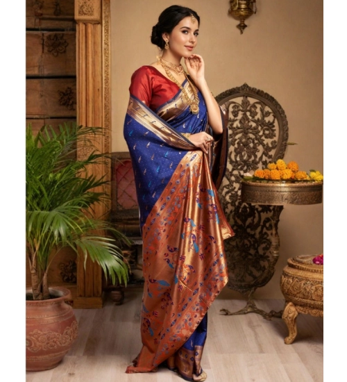 Women's Silk Blend Zari Woven Saree With Unstitched Blouse 5.5Mtr (Navy)