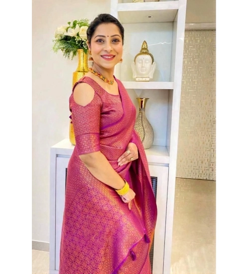 Women's Soft Lichi Silk Printed Saree With Unstitched Blouse 5.5Mtr (Pink)