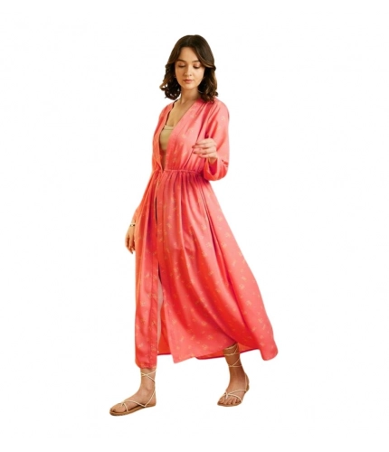 Women's Polyester Floral Long Sleeves Shrug (Pink)