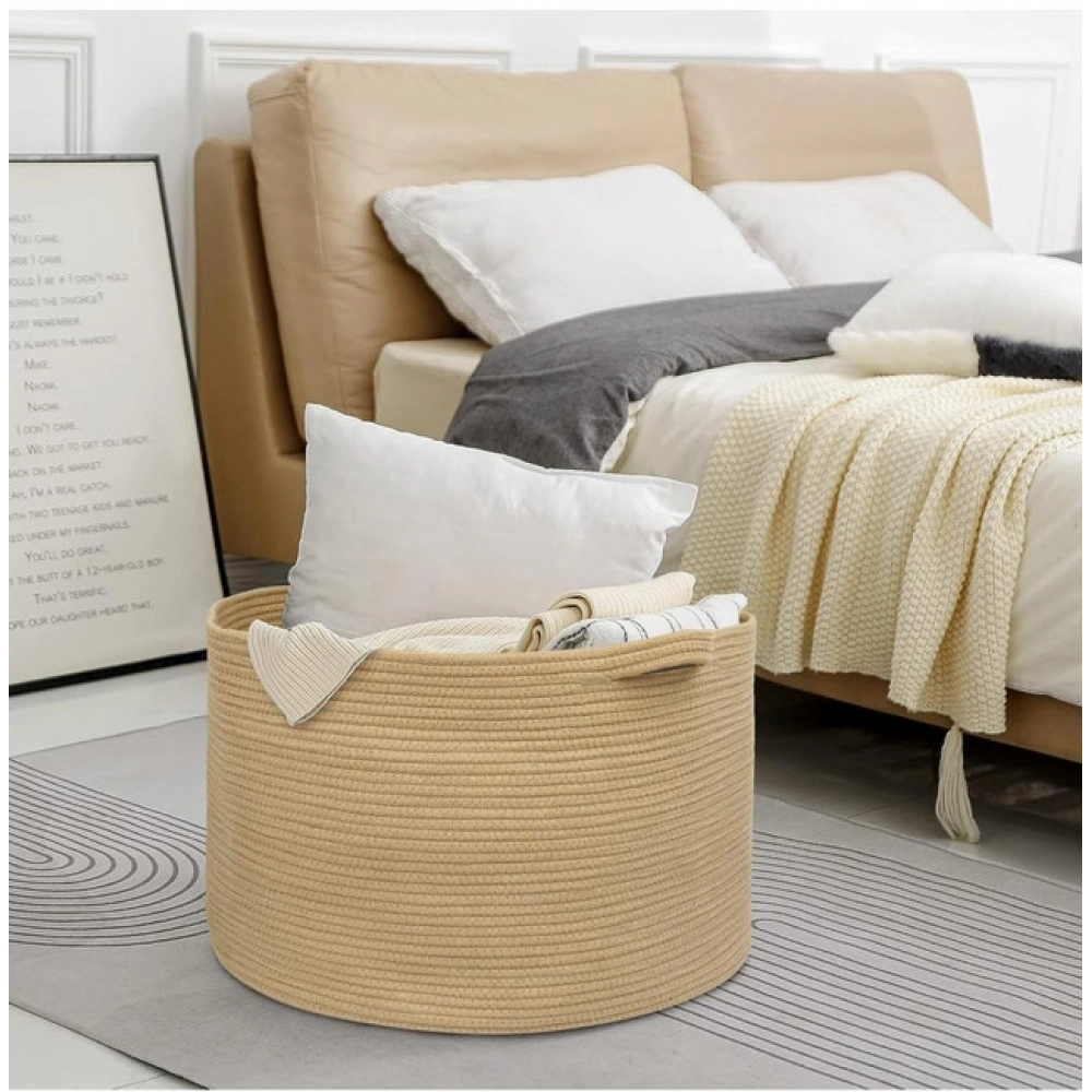 Cotton 14x12 Inch Pack of 1 Storage Basket For Clothes (Beige)