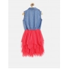 Girl's Denim Roll Up Buttoned Dress (Blue-Red) Girl's Denim Roll Up Buttoned Dress (Blue-Red)
