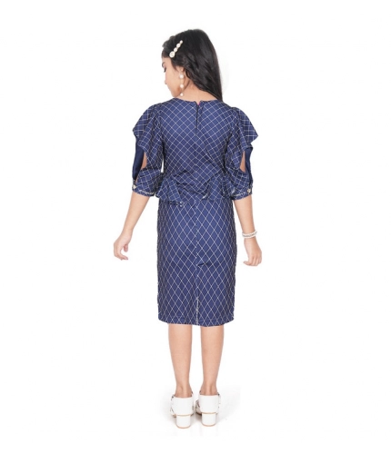 Girl's Knitted Striped Short Sleeve Round Neck Dress (Navy Blue)