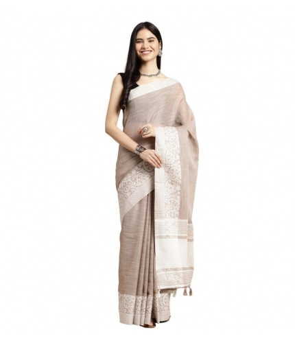Women's Linen Printed Saree With Unstitched Blouse 5.5Mtr (Beige)