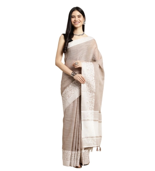 Women's Linen Printed Saree With Unstitched Blouse 5.5Mtr (Beige)